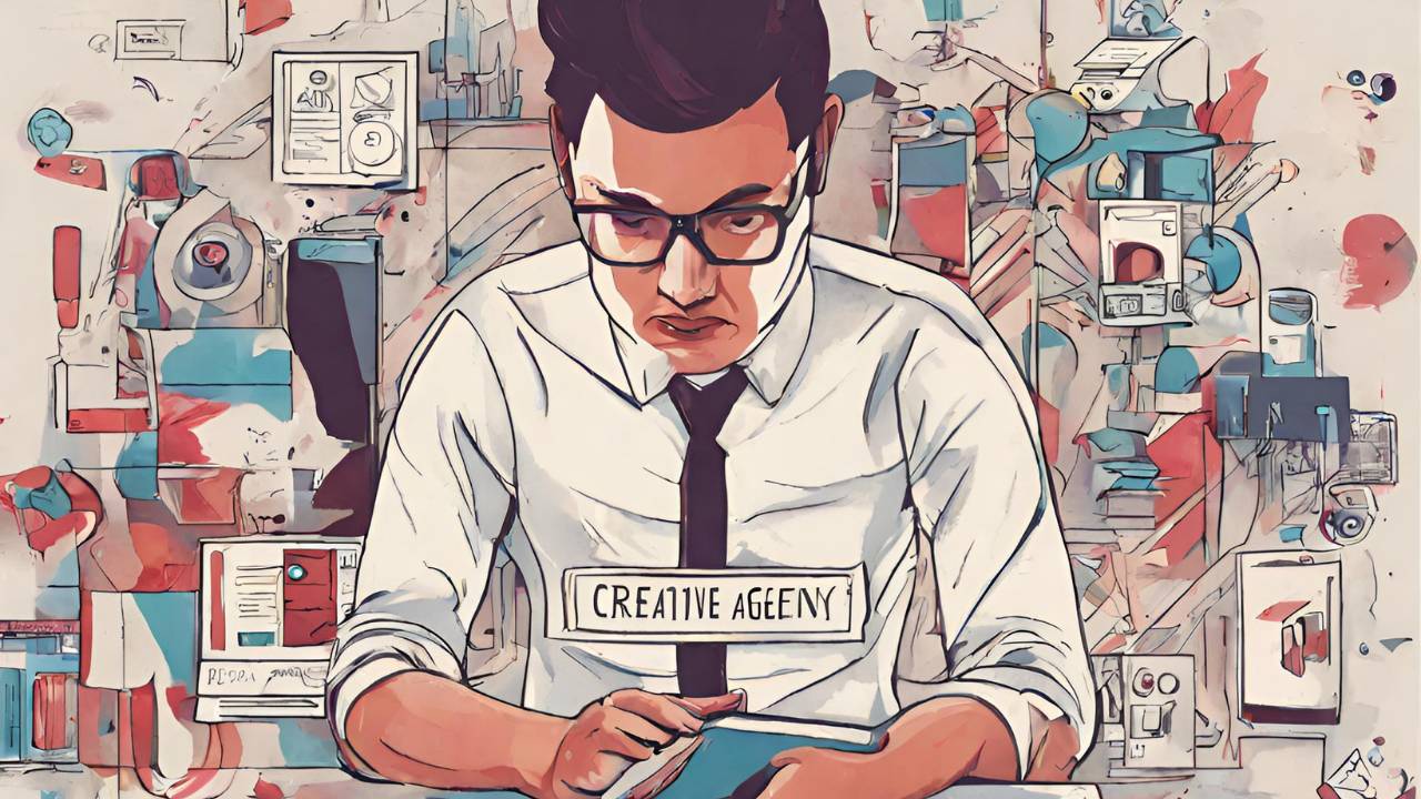 Un hombre con gafas trabaja concentrado en una tablet rodeado de elementos gráficos y creativos.