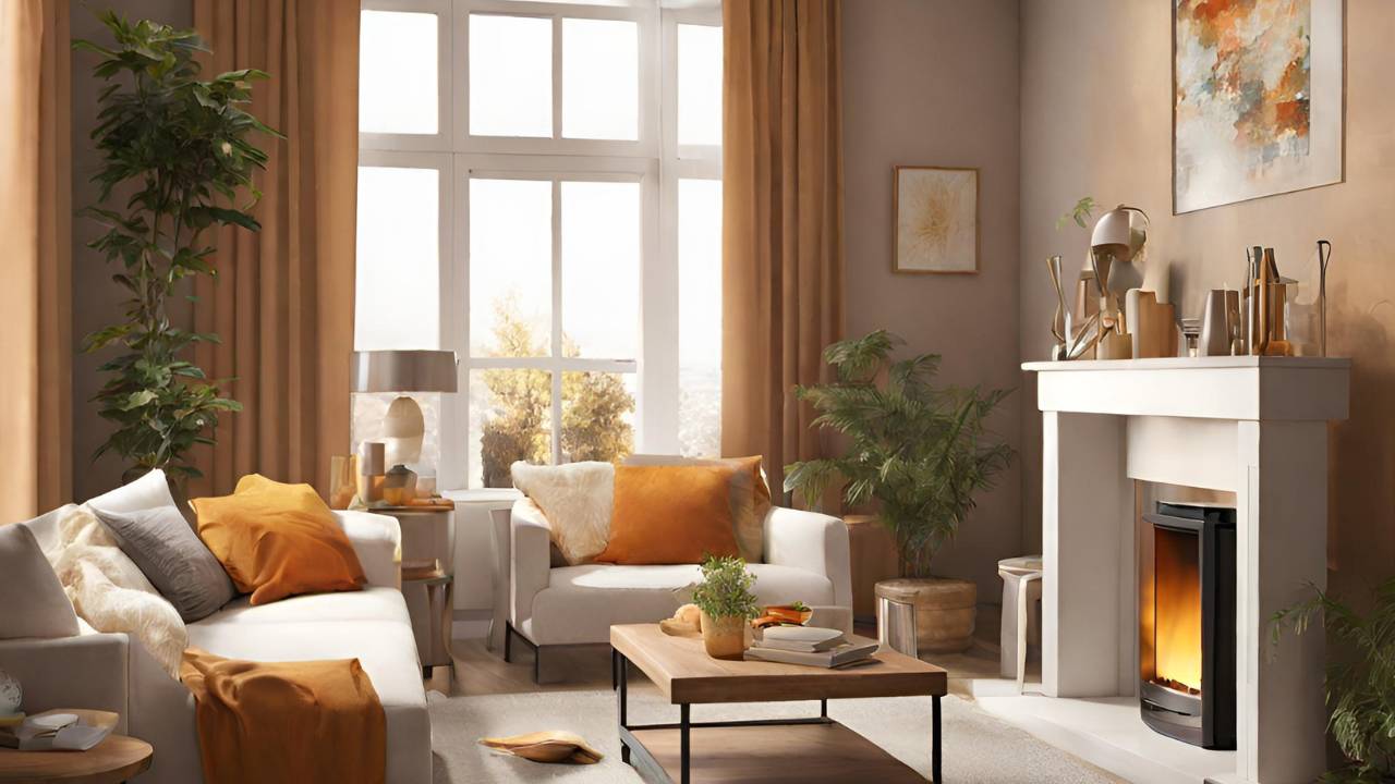 Una acogedora sala de estar con decoración en tonos cálidos y una chimenea encendida.