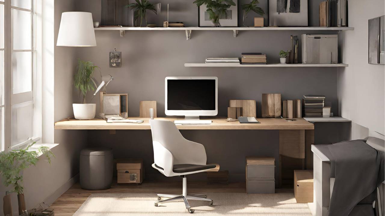 Una oficina moderna y minimalista con un escritorio de madera y una computadora.
