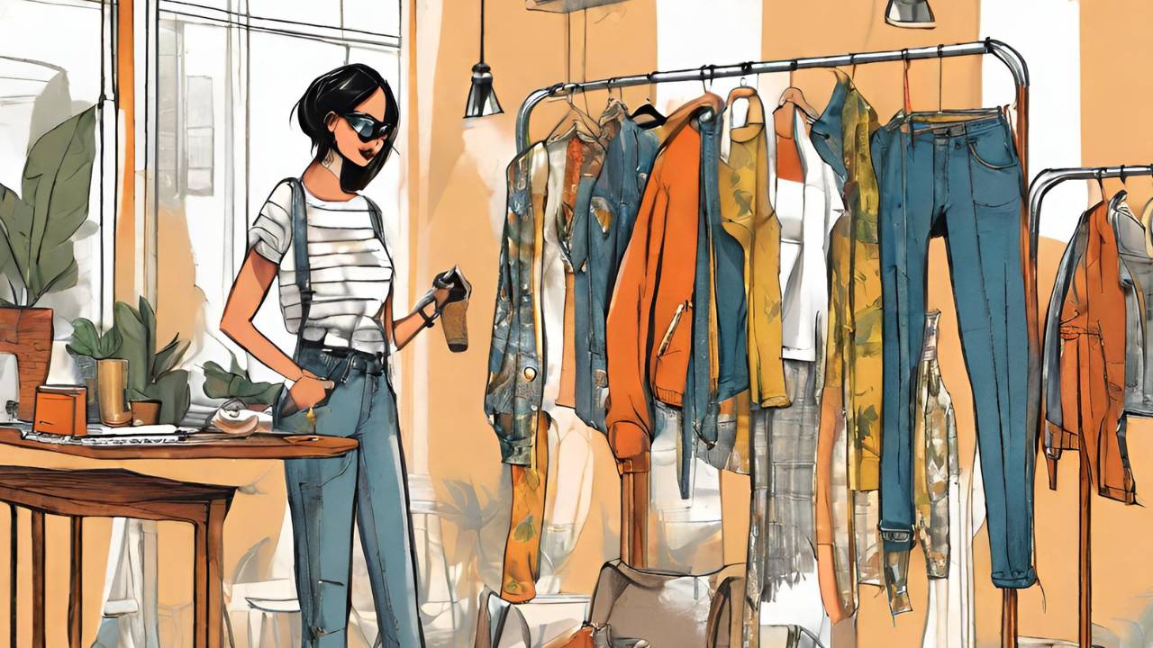 Una mujer con gafas de sol está de pie en una tienda de ropa, rodeada de prendas colgadas en un perchero.