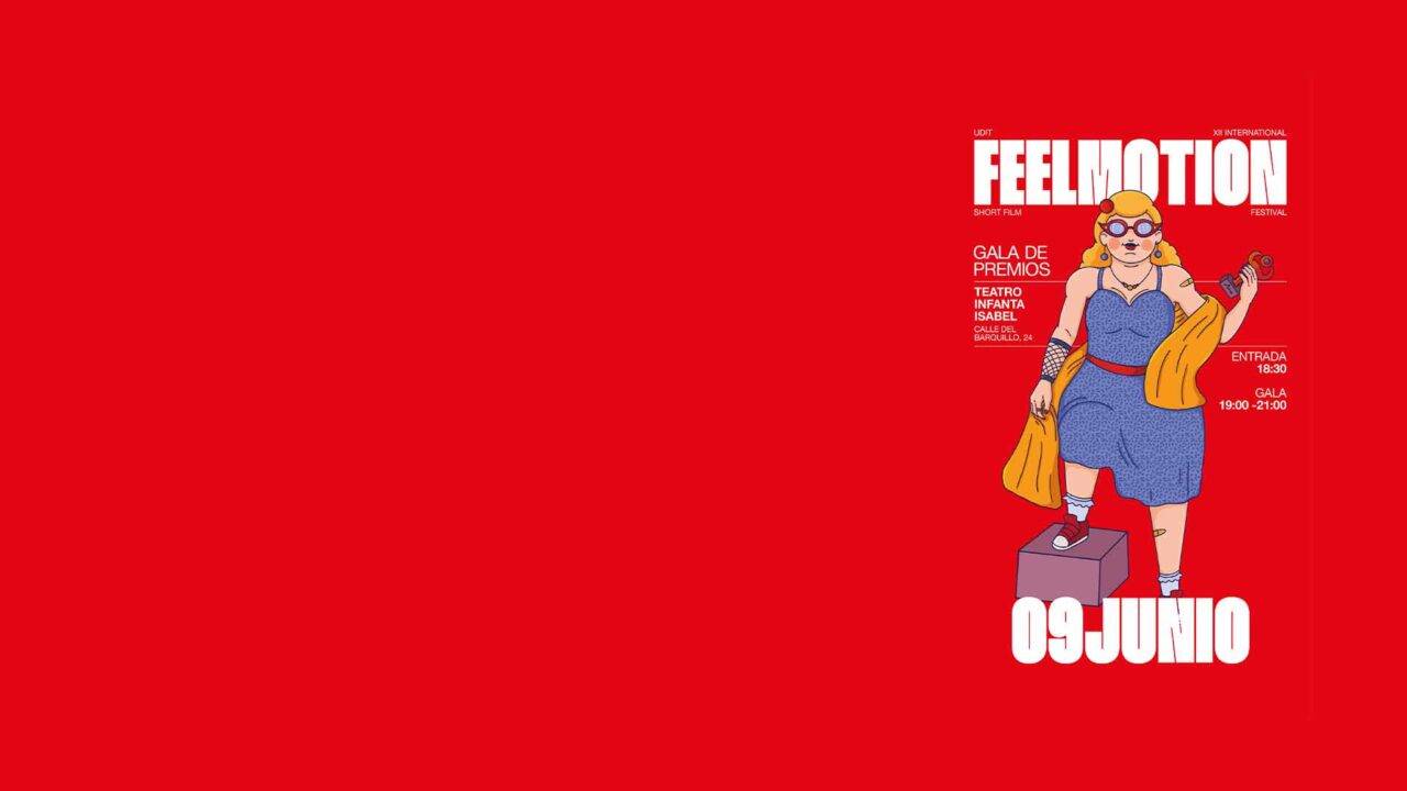 Un cartel colorido que anuncia un evento llamado FeelMotion con una ilustración de una mujer protagonizando el diseño.