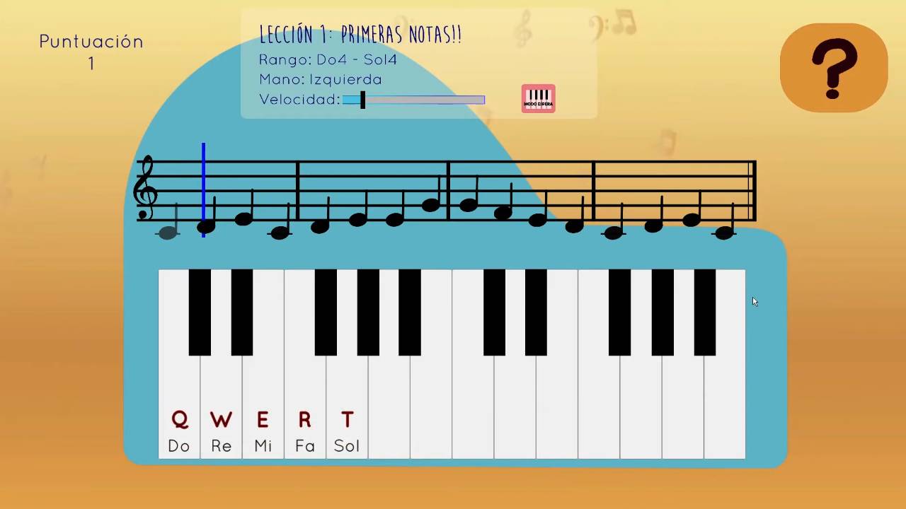 Interfaz de una lección de música que enseña notas en el piano.