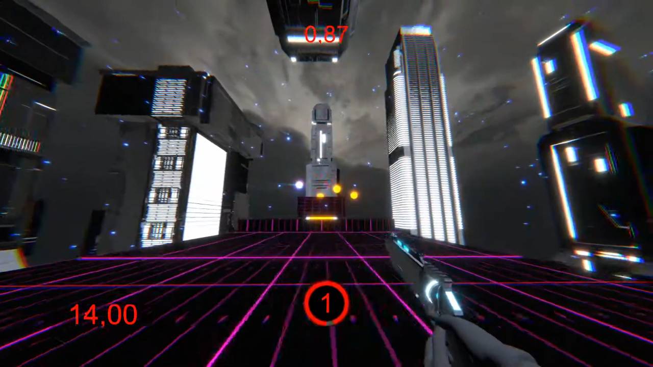 Una escena de un videojuego en un entorno futurista con edificios y estructuras geométricas.