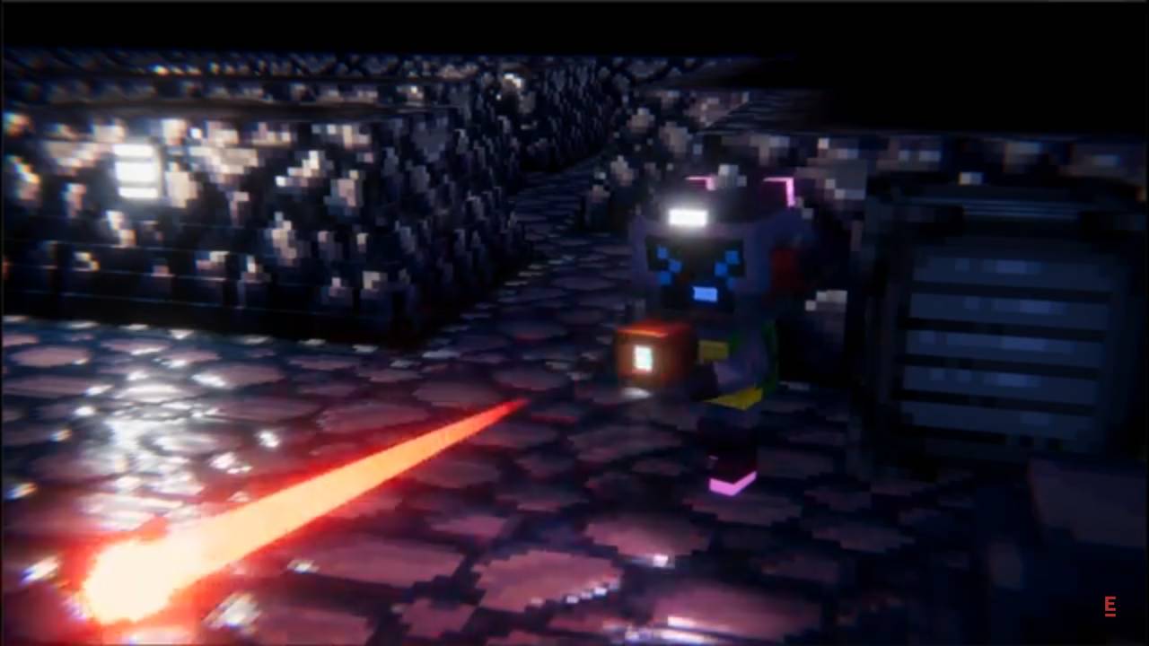 Un personaje con un aspecto pixelado sostiene una linterna y emite un rayo láser en un entorno oscuro y sombrío.