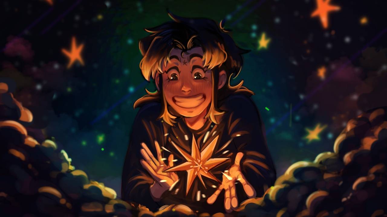 Un joven sonriente sostiene una estrella brillante entre sus manos, rodeado de un entorno mágico y estrellado.