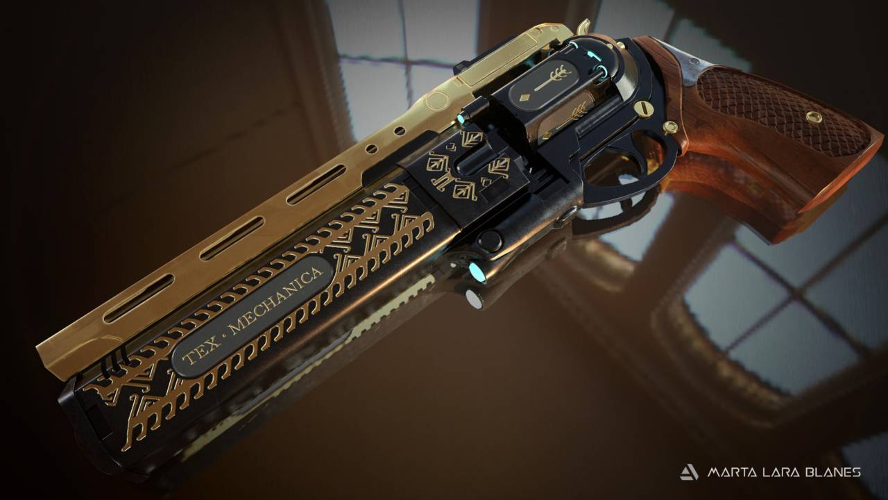 Una pistola de diseño mecánico con acabados dorados y detalles en madera.