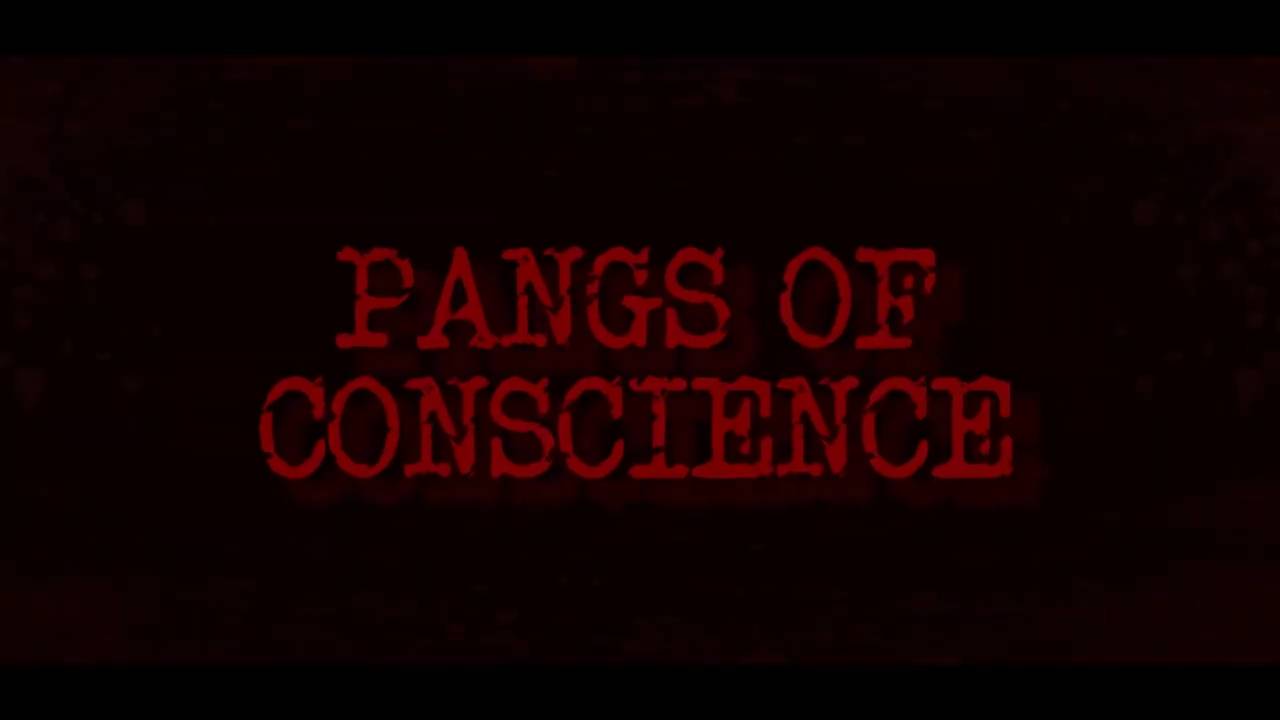 La imagen muestra el título de una obra titulado 'Pangs of Conscience' en letras rojas sobre un fondo oscuro.