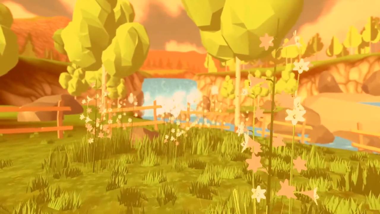 Un paisaje digital con árboles y flores alrededor de un río en un día soleado.