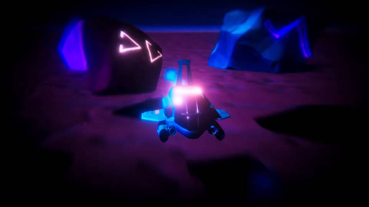 Una nave espacial con luces brillantes se encuentra en un paisaje alienígena rodeada de rocas luminescentes.