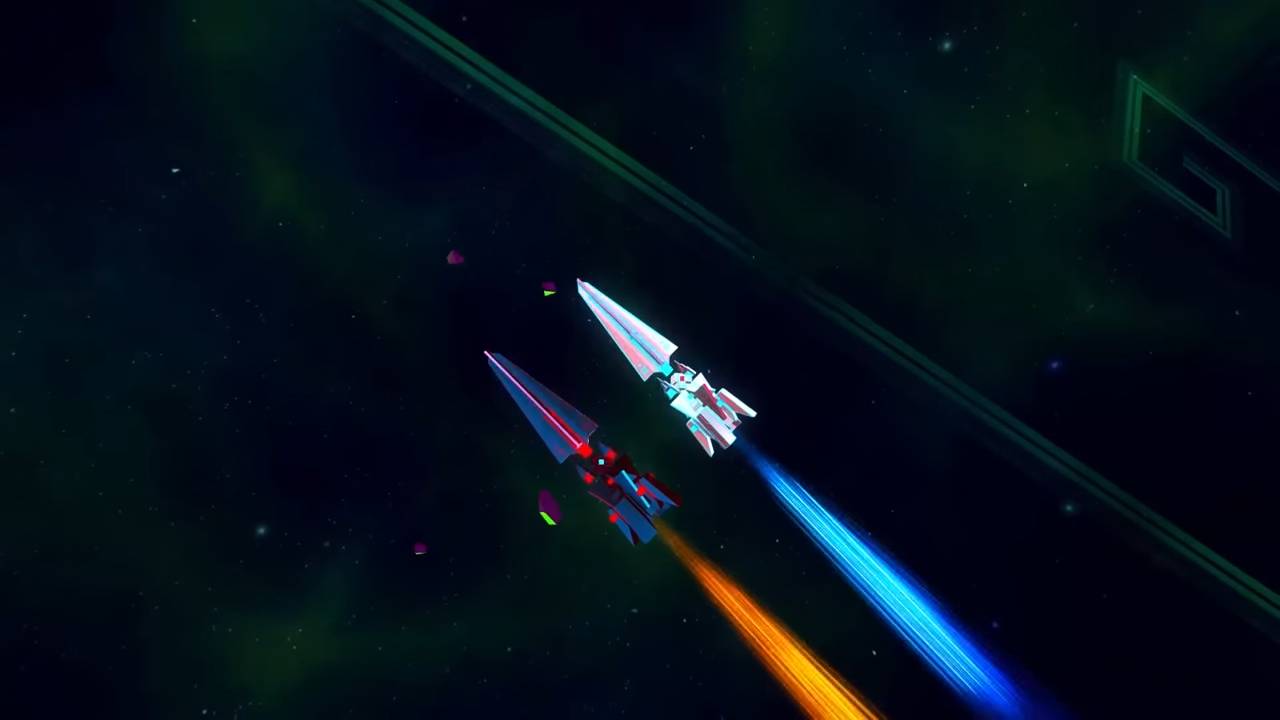 Dos naves espaciales de colores brillantes surcan el espacio estrellado.