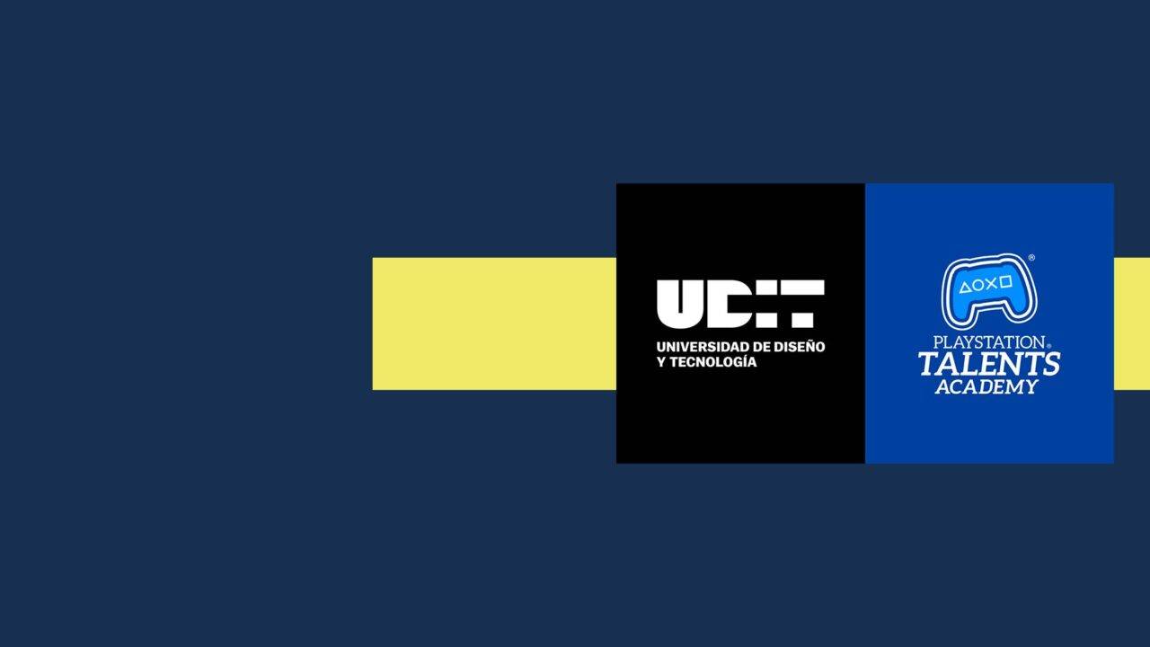 Logotipos de la Universidad de Diseño y Tecnología y PlayStation Talents Academy sobre un fondo azul.
