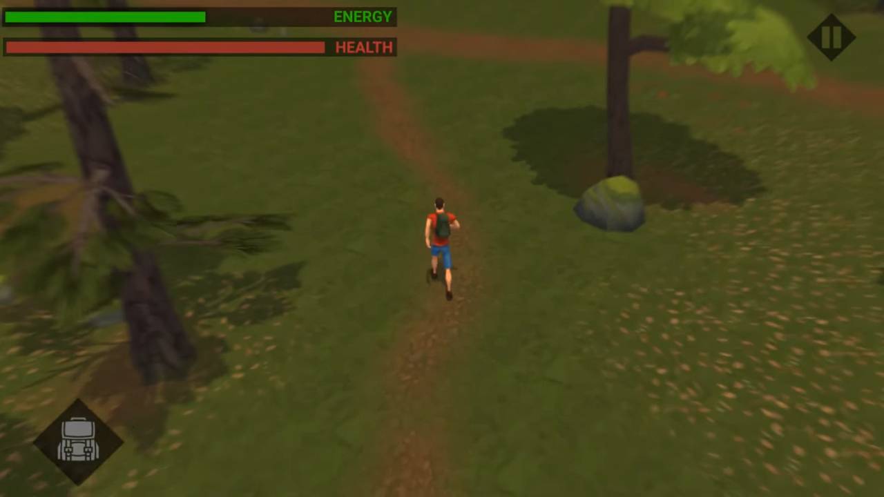 Un personaje corre por un sendero en un entorno natural con árboles y rocas.