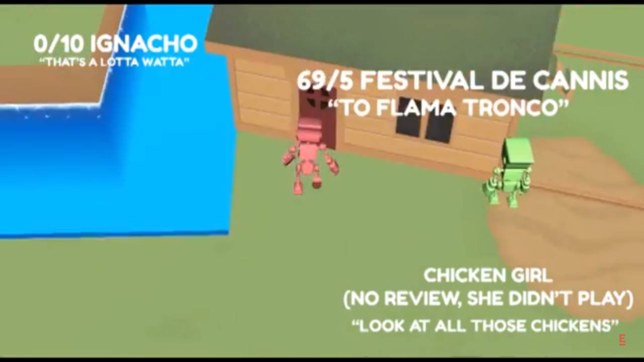 Una escena de un juego con personajes animados y un festival en un entorno colorido.