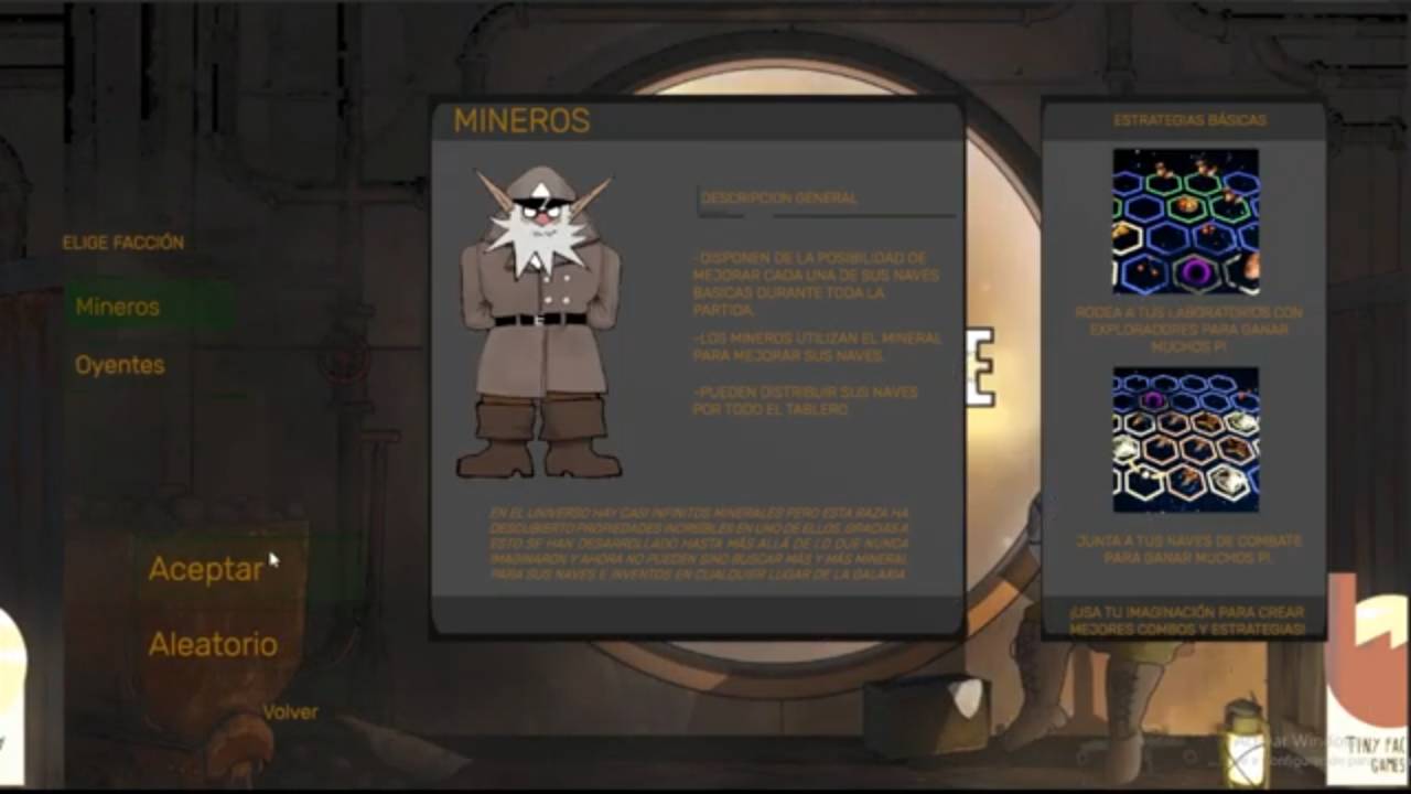 Vista de una interfaz de juego que presenta la facción de Mineros con un personaje destacado.