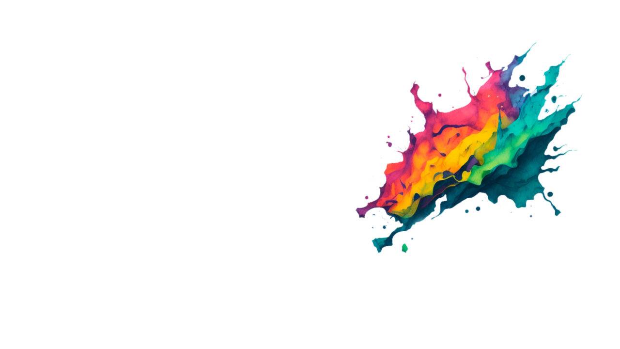 Una explosión de colores vibrantes en tonos de rosa, amarillo, verde y azul sobre un fondo blanco.
