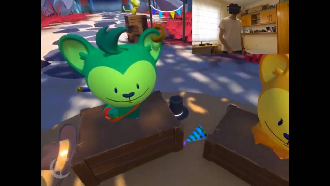 Una escena de un entorno virtual con personajes animados y una persona de fondo.