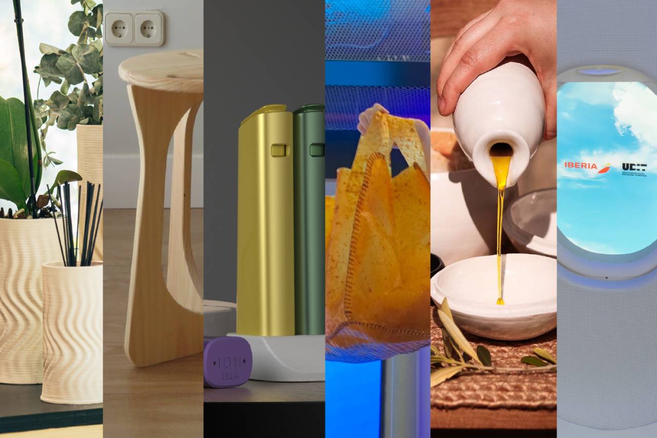Una colección de objetos de diseño moderno que incluye un macetero, una mesa, envases y utensilios de cocina.