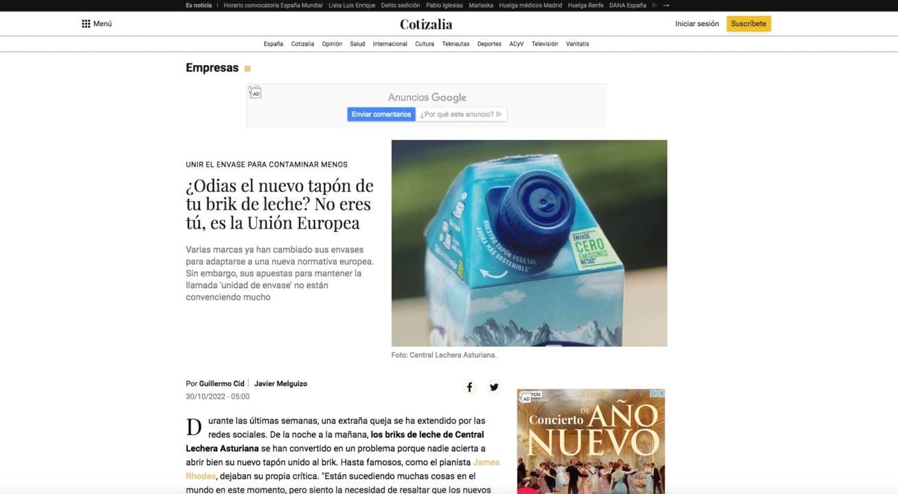 La imagen muestra un brik de leche con un nuevo diseño de tapón, presentado en un contexto de artículo informativo.