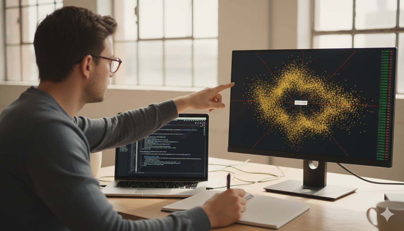 Una persona señalando una pantalla de computadora con un gráfico de datos en una oficina.