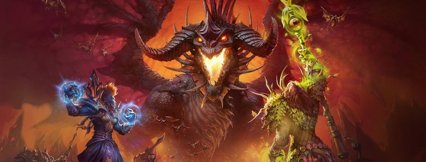 Una representación épica de un enfrentamiento entre un poderoso dragón y dos magos en un mundo fantástico.
