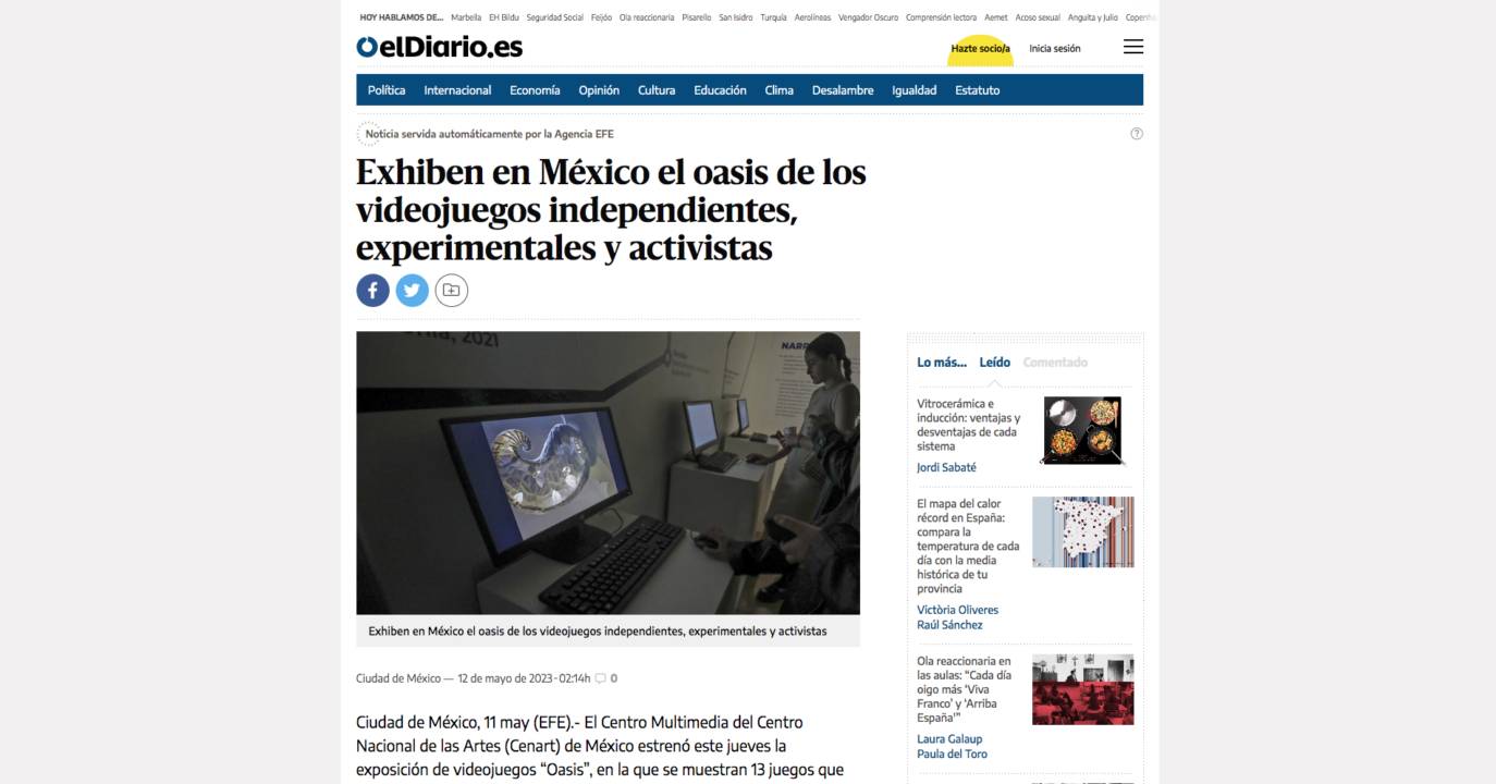 La imagen muestra un artículo sobre la exhibición de videojuegos independientes en México.