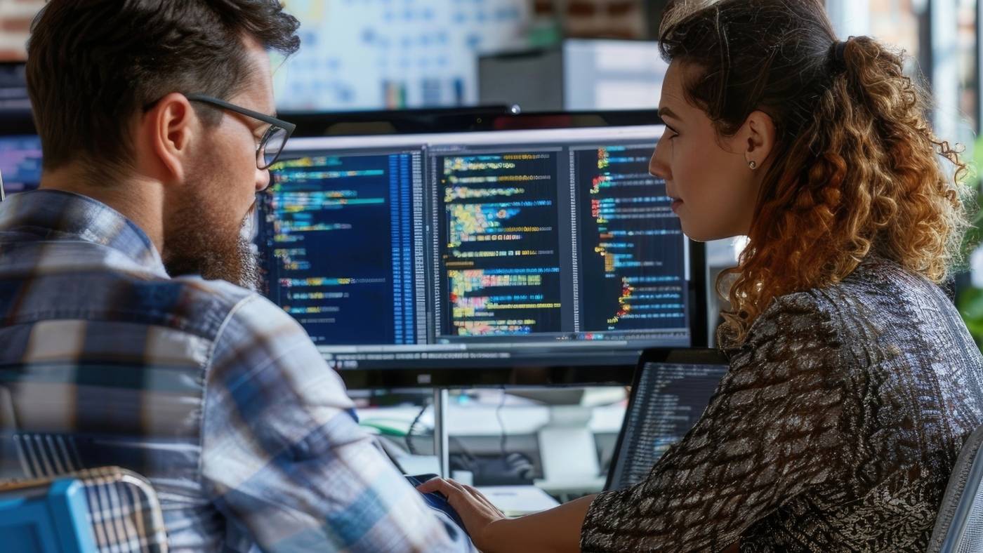 Una pareja de programadores trabajando juntos en computadoras con múltiples pantallas que muestran código.