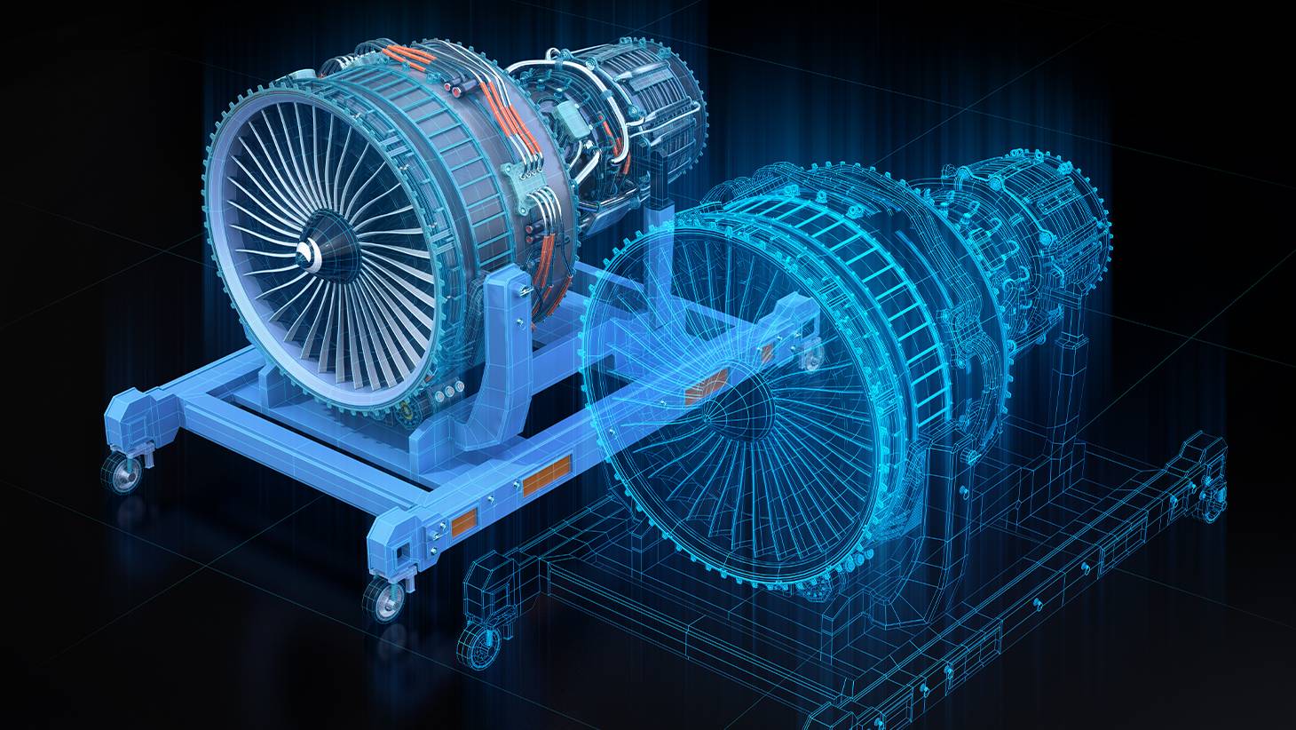 La imagen muestra un motor a reacción representado en un modelo 3D con efectos de holograma.