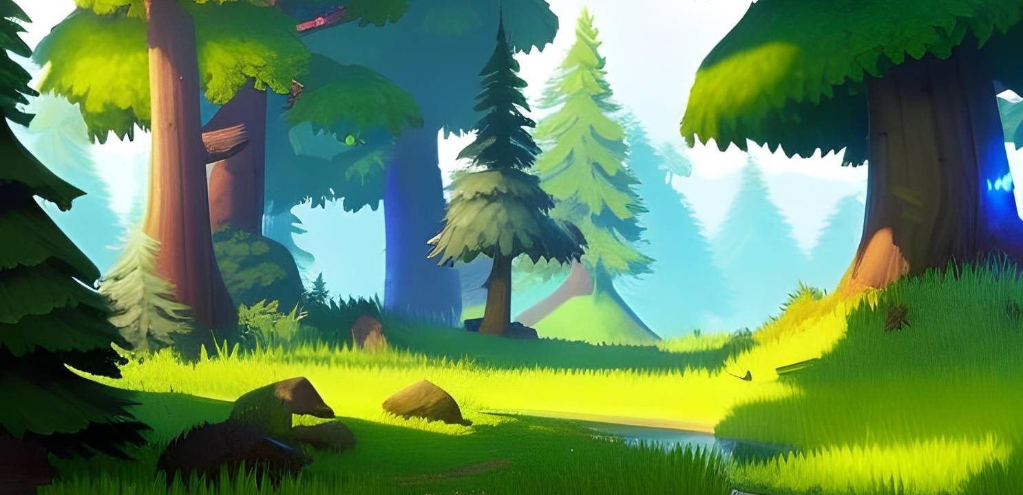 Un paisaje natural con árboles y un arroyo en un entorno tranquilo y luminoso.