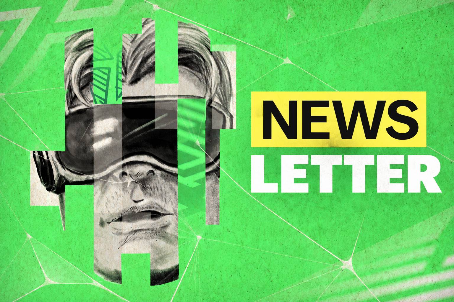 La imagen presenta una ilustración estilizada de una persona con gafas de realidad virtual sobre un fondo verde.