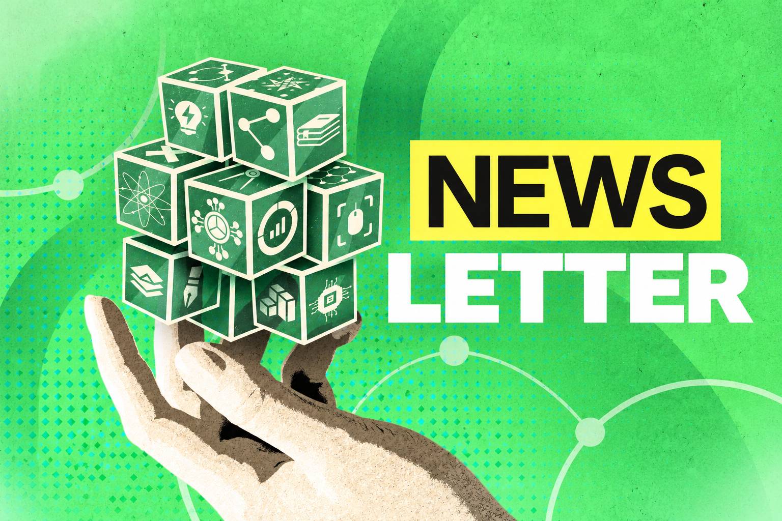 La imagen muestra una mano sosteniendo bloques con iconos científicos y el texto 'NEWSLETTER'.
