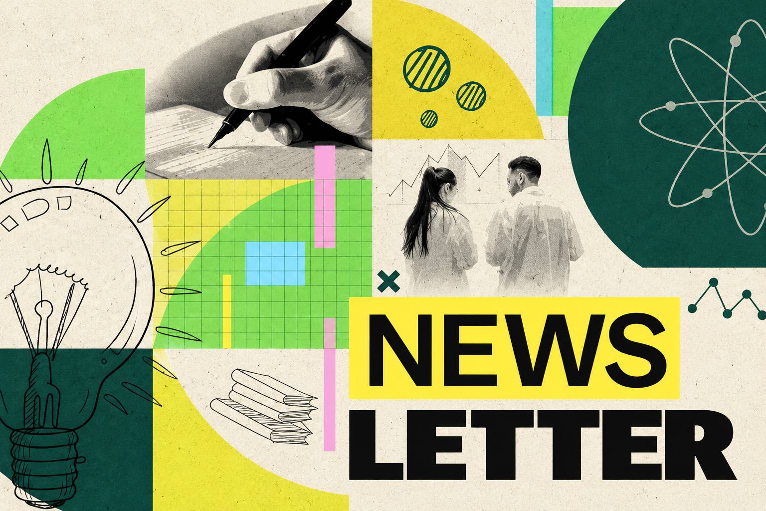 La imagen muestra una composición creativa con elementos gráficos y la palabra 'NEWSLETTER' destacada.