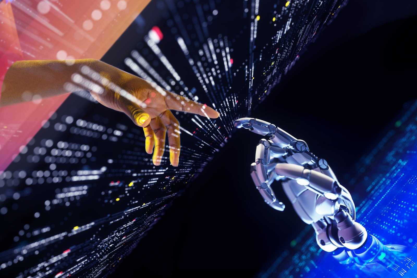 Una mano humana y una mano robótica se están acercando en un fondo digital lleno de datos.