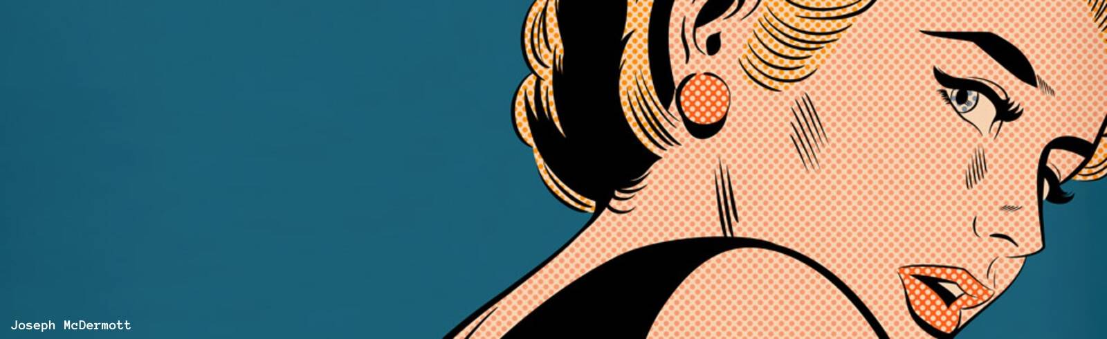 Retrato en estilo de cómic de una mujer con cabello rubio y fondo azul.