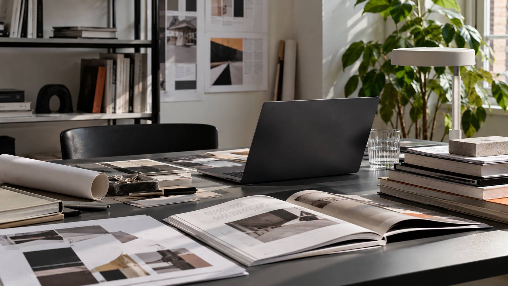 Una oficina moderna con un escritorio ordenado, un portátil y diversos libros y revistas sobre diseño arquitectónico.