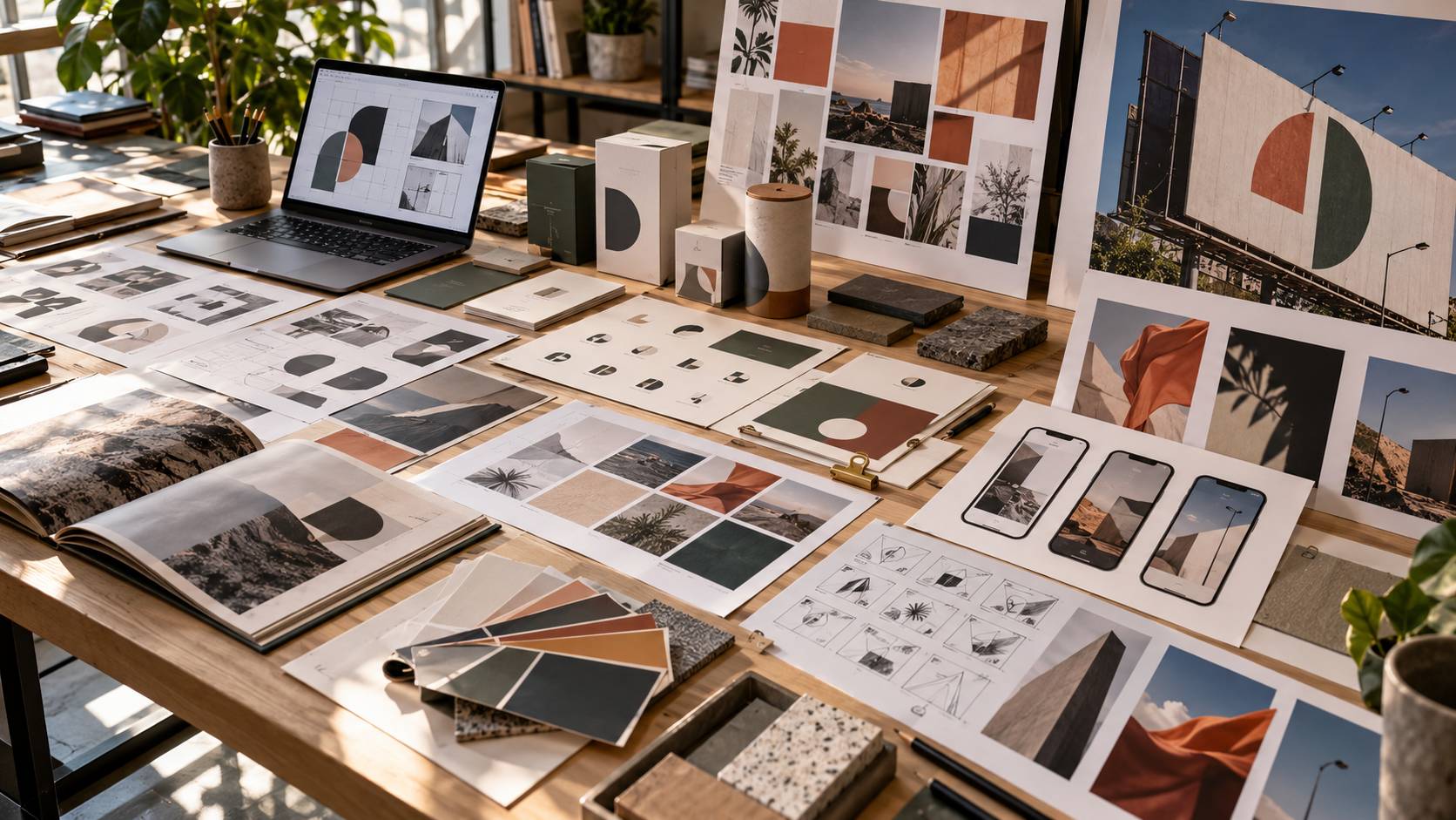 La imagen muestra una mesa de trabajo con diversos diseños y materiales creativos en un ambiente iluminado.