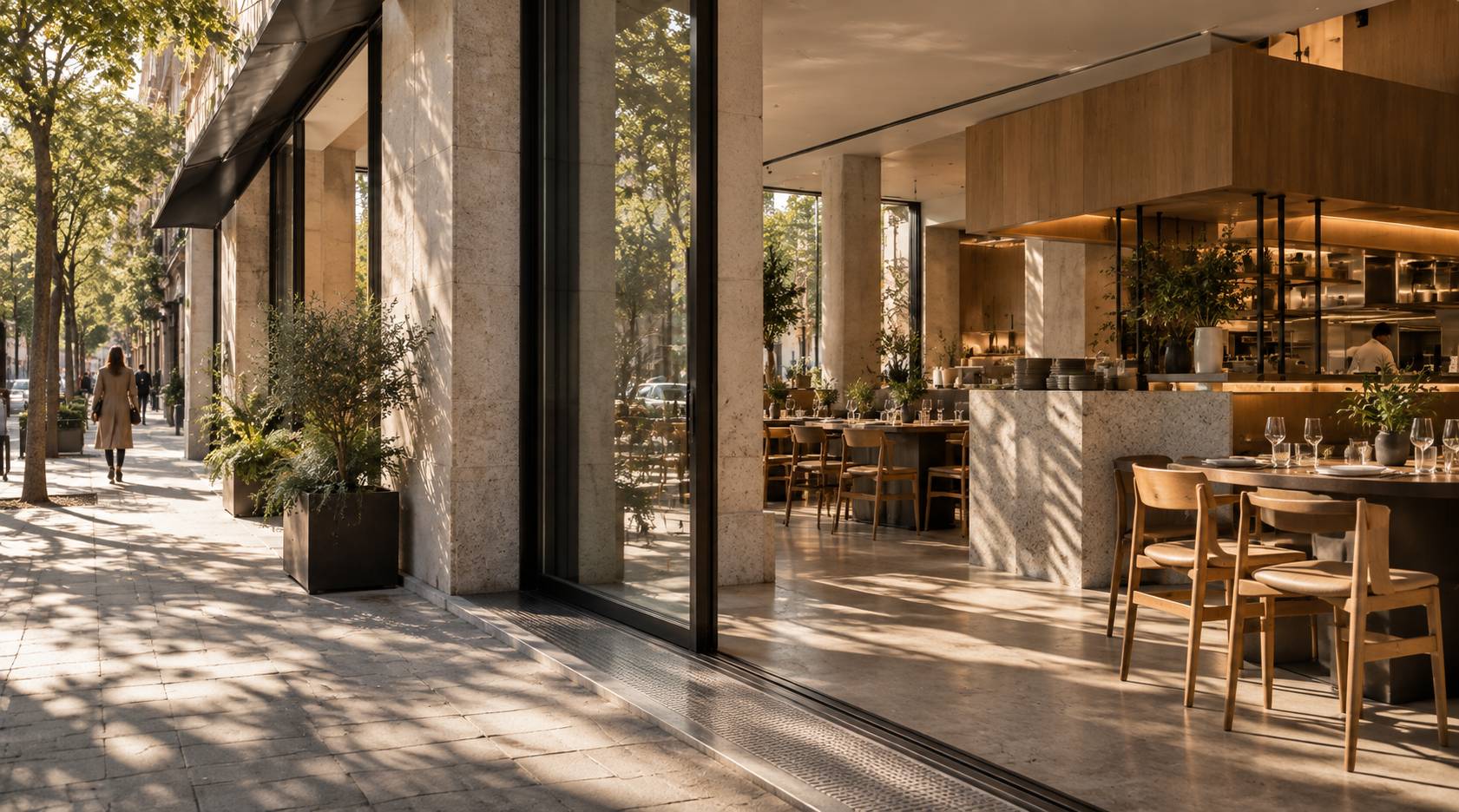 Una vista exterior de un restaurante moderno y acogedor con mesas en el interior y luces suaves.