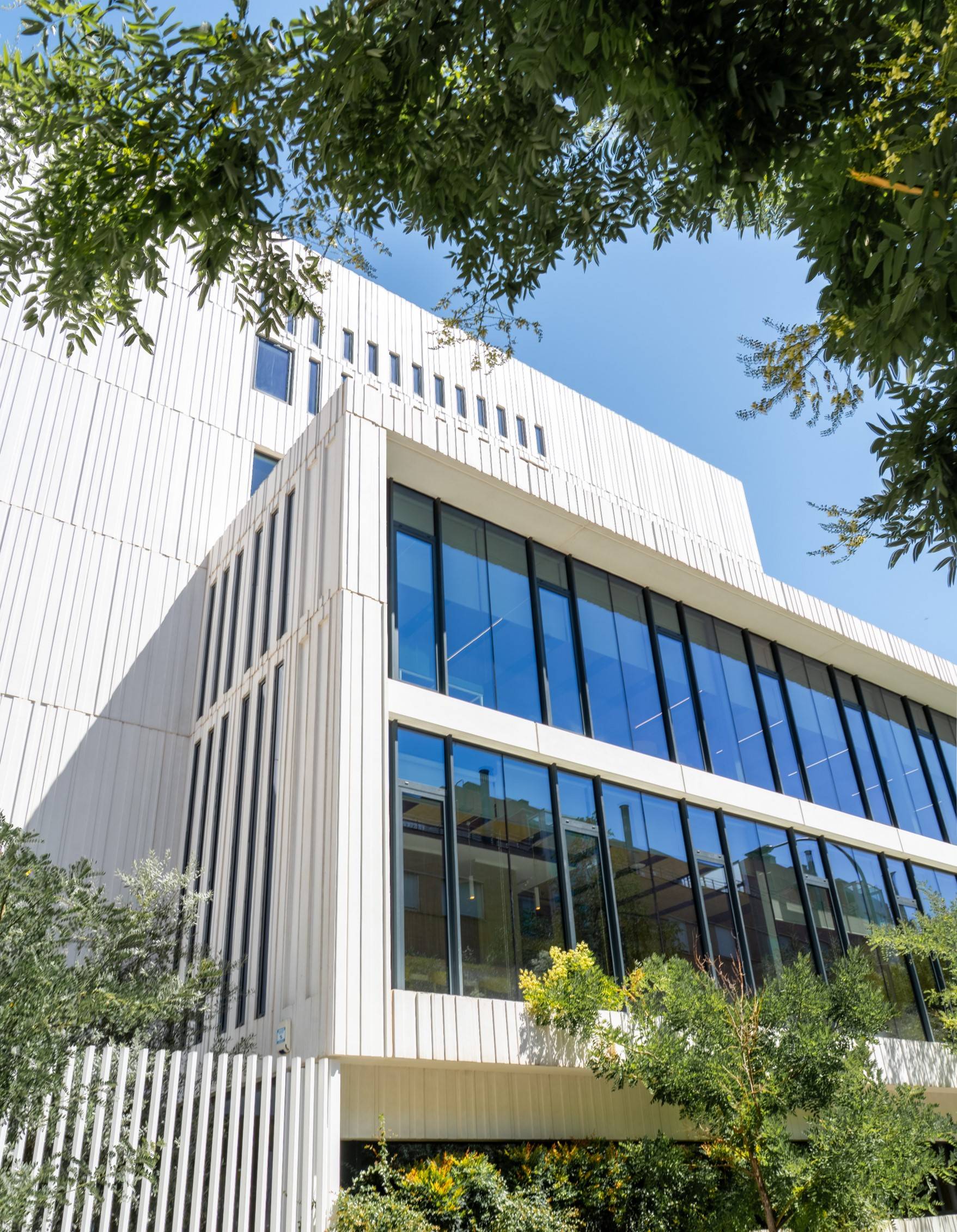 Edificio moderno con grandes ventanales y vegetación alrededor.