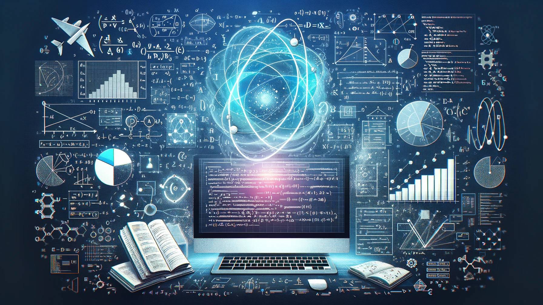 Una computadora rodeada de gráficos, fórmulas matemáticas y símbolos científicos.