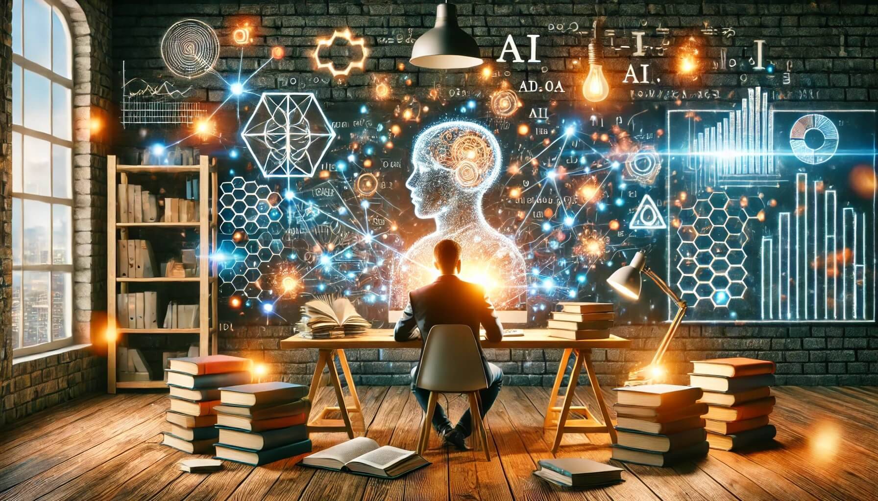 Un hombre sentado frente a una mesa llena de libros, observando una proyección holográfica de un cerebro humano y gráficos de datos en una pared iluminada.