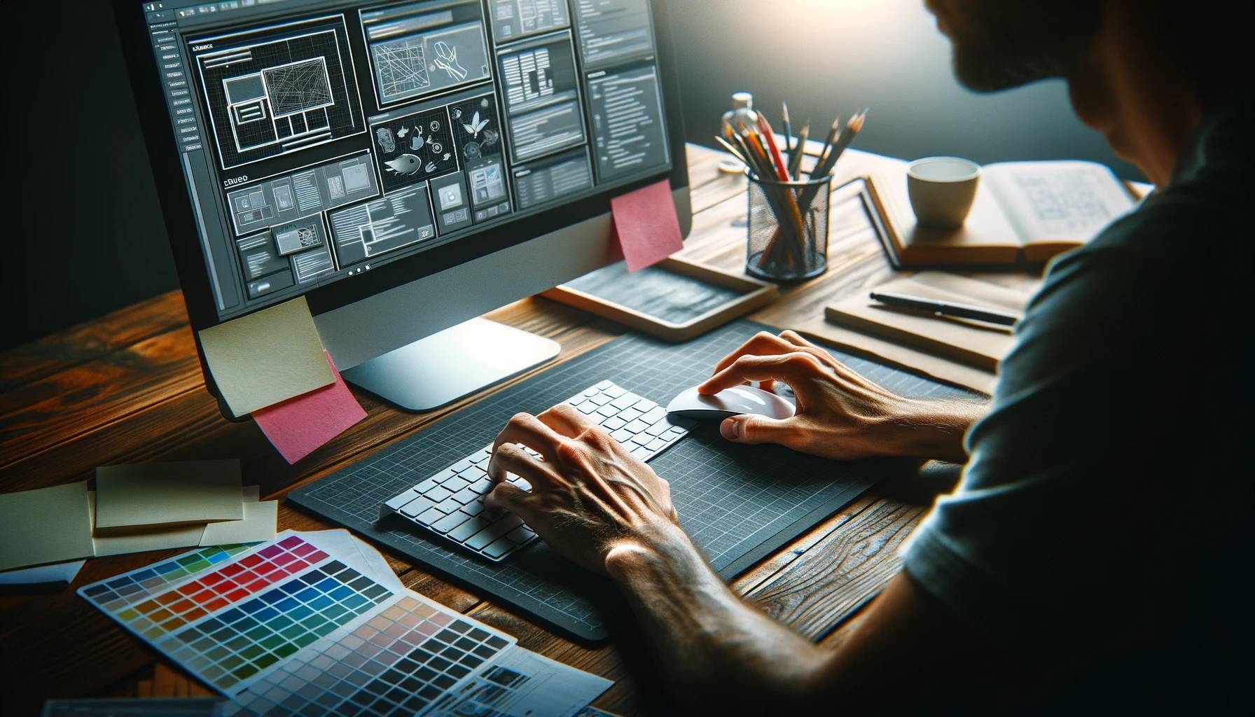 Una persona trabaja en una computadora con múltiples monitores mostrando gráficos y colores.
