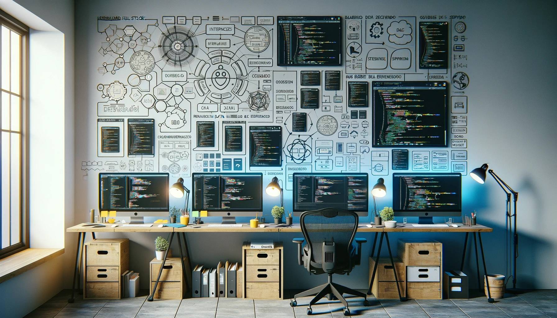 Una oficina con varias computadoras rodeadas de gráficos y códigos en la pared.