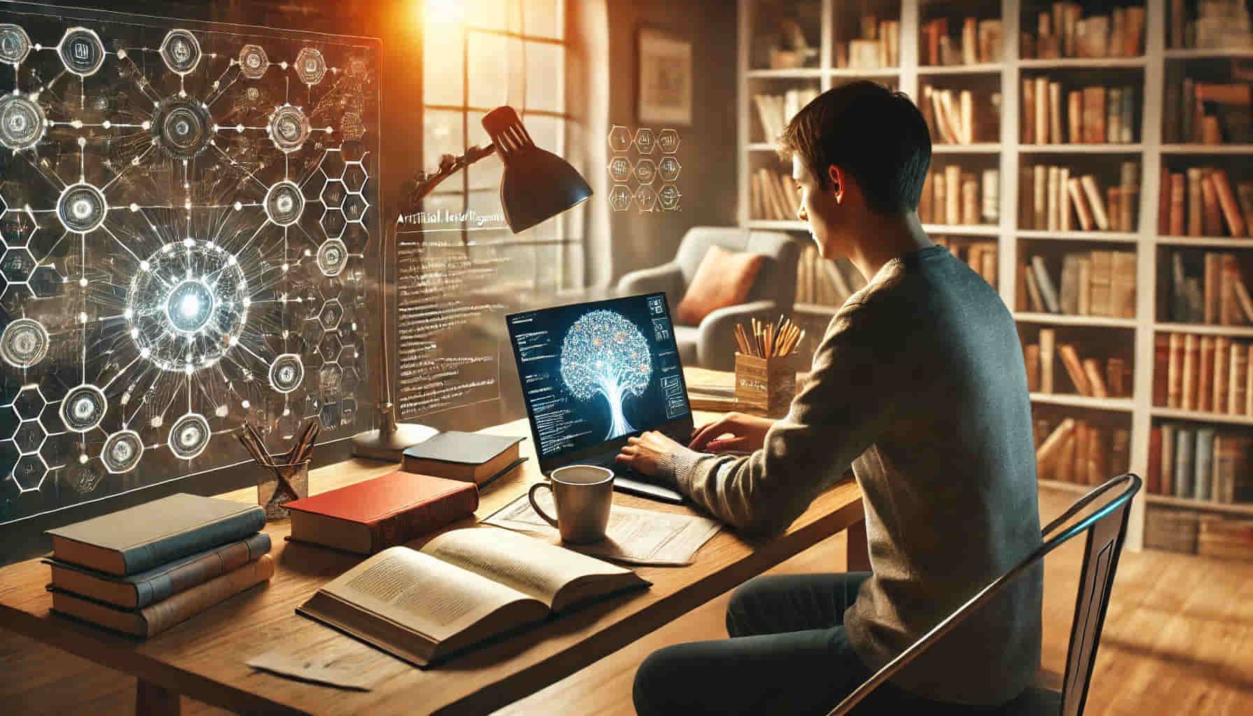 Una persona trabaja en una computadora portátil en un entorno de estudio mientras analiza conexiones de información.