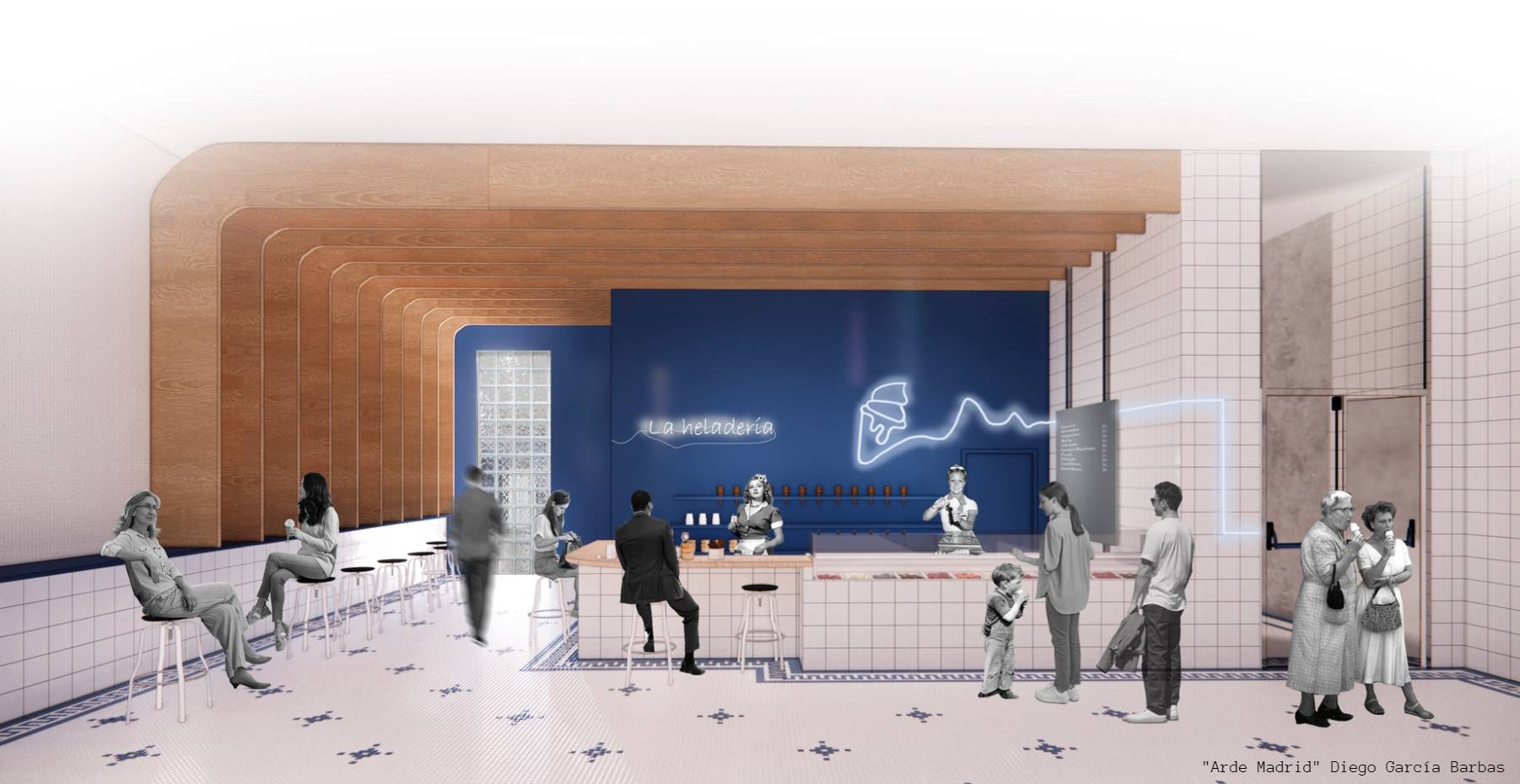 Interior de un bar o restaurante moderno con un diseño minimalista y una iluminación atractiva.
