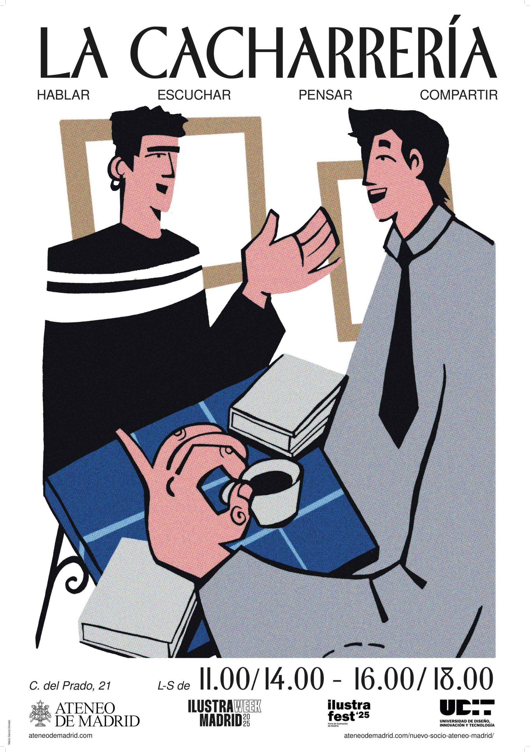 La imagen muestra a dos hombres conversando en un entorno informal, rodeados de libros y con una taza en la mesa.