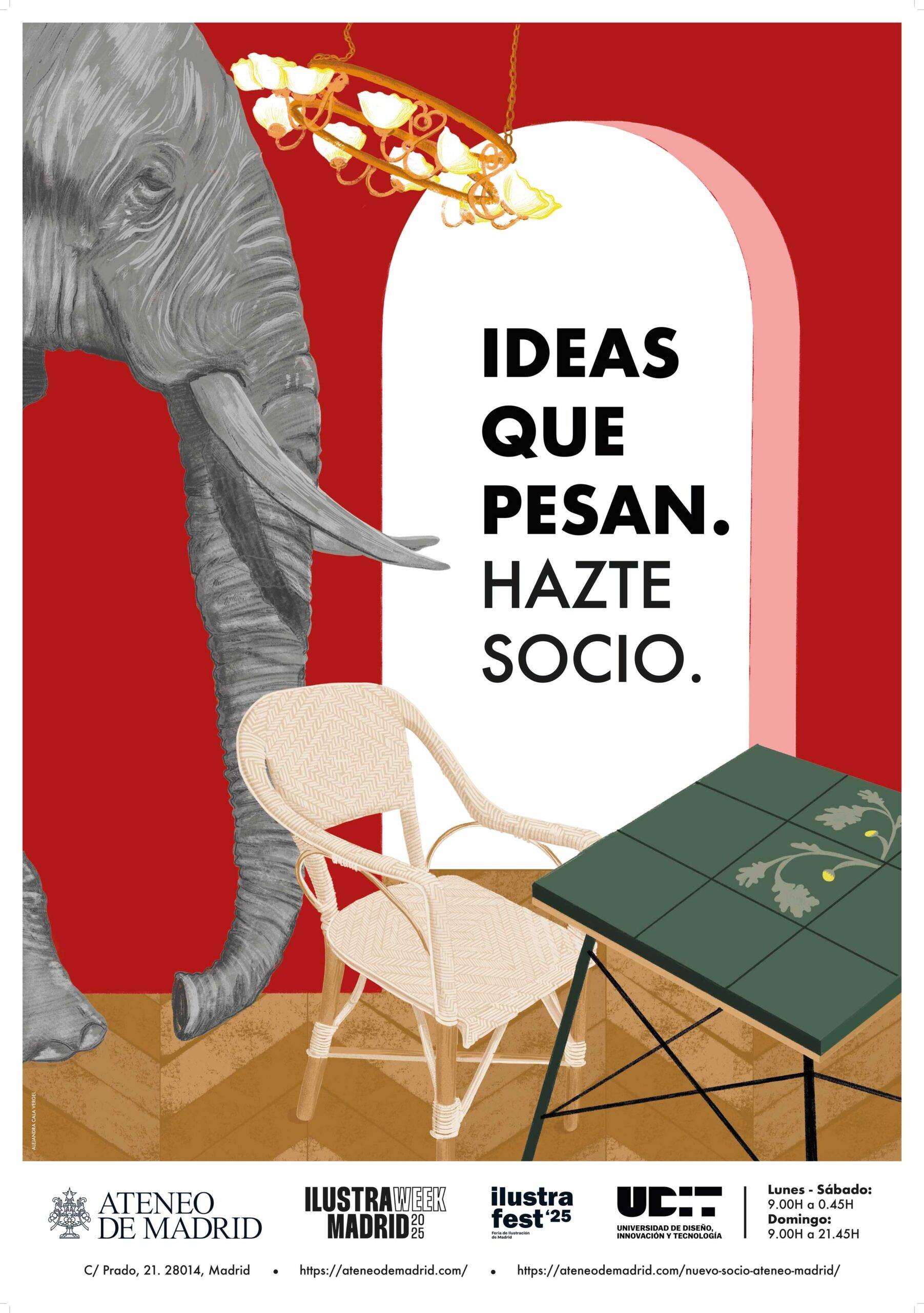 Un cartel artístico con un elefante y una mesa, que invita a hacerse socio con el lema 'Ideas que pesan'.