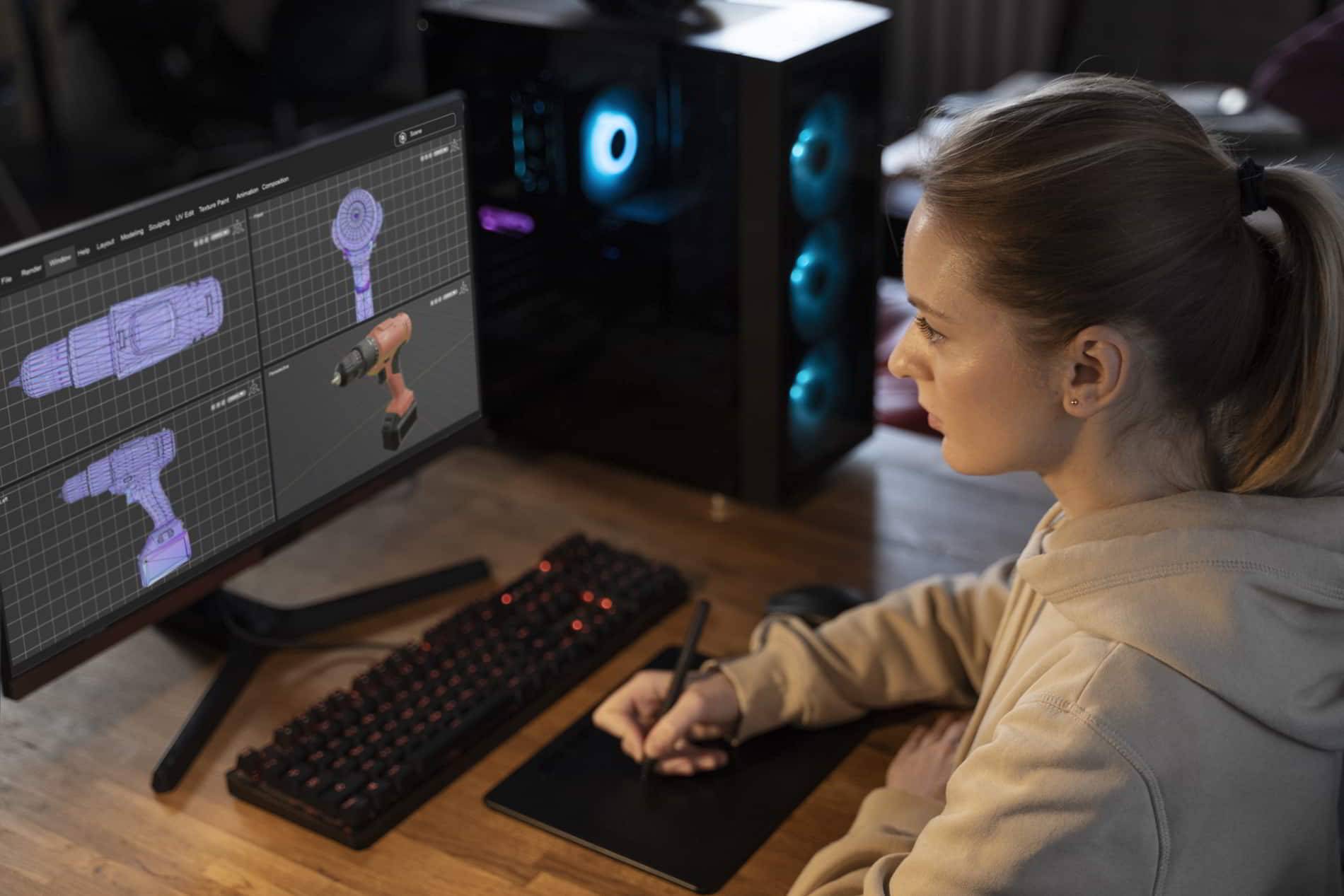 Una joven trabaja en un ordenador mientras observa modelos 3D de herramientas en la pantalla.
