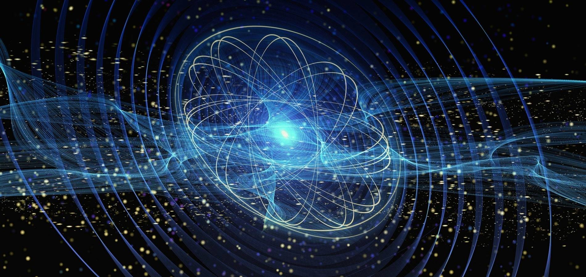 La imagen representa un modelo abstracto de un átomo rodeado de ondas y partículas luminosas.