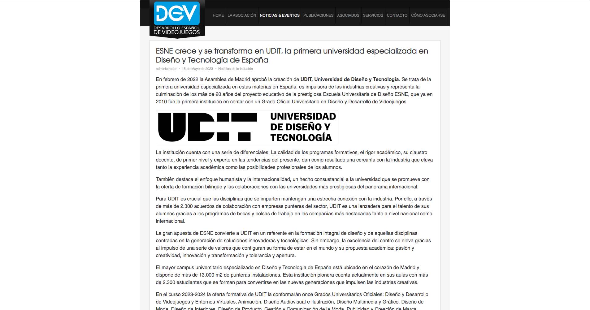 La imagen presenta un comunicado sobre la transformación de ESNE en la Universidad de Diseño y Tecnología de España.