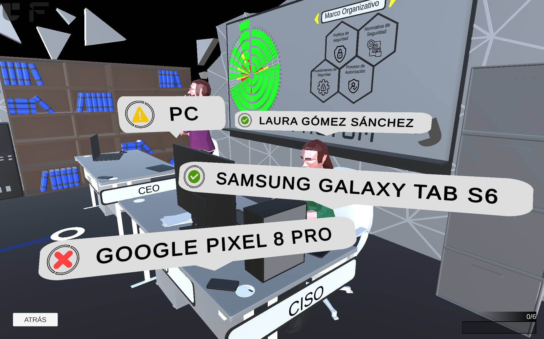 La imagen muestra un entorno virtual de trabajo con varios dispositivos y una persona identificada como Laura Gómez Sánchez.
