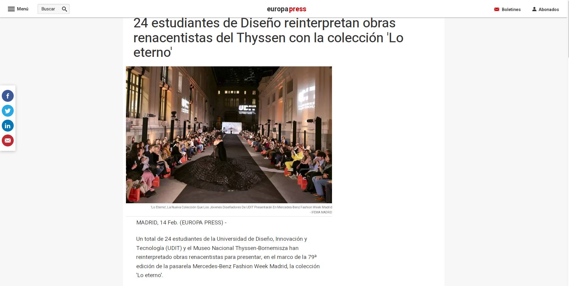 Evento de pasarela con estudiantes de diseño presentando reinterpretaciones de obras renacentistas del Thyssen.